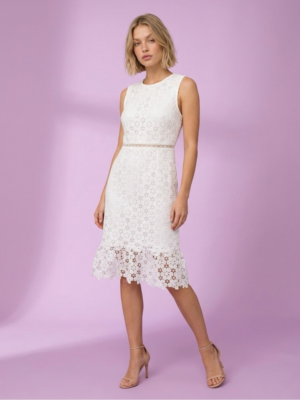SHEIN White Floral Lace Sleeveless Midi Dress